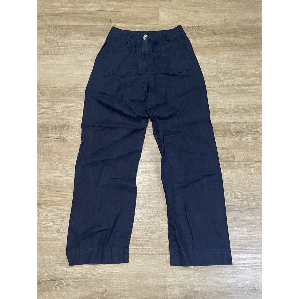 Quince 100% Linen Pants Women's Sz 0 Blue Cropped Wide Leg Pockets Summer